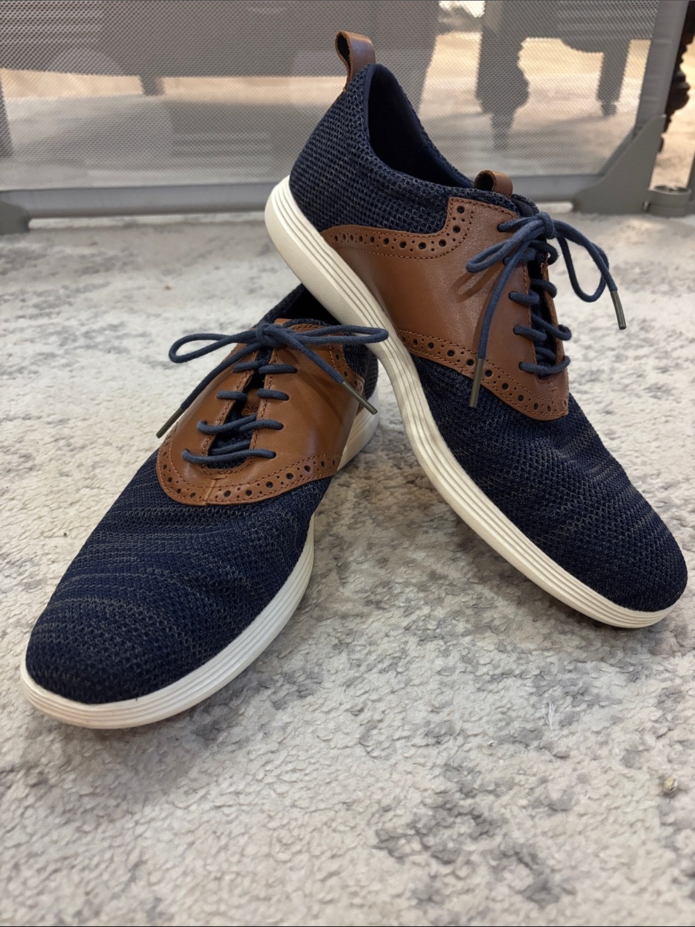 Men's Navy Knit & Brown Leather Derby Sneakers